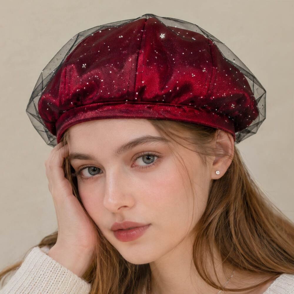 Red Mesh Beret Sparkly Rhinestone Crystal Cap Bling Overlay Tulle Hat